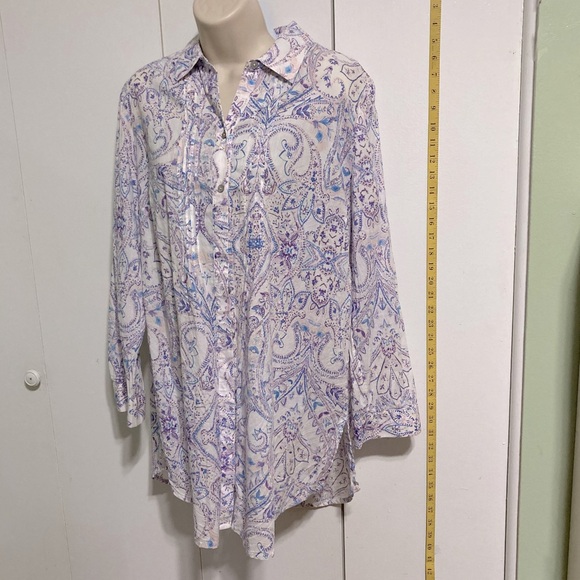 CHICOS Dress Shirt Tunic Purple White Paisley Floral Button Down Blouse Medium - Picture 5 of 16